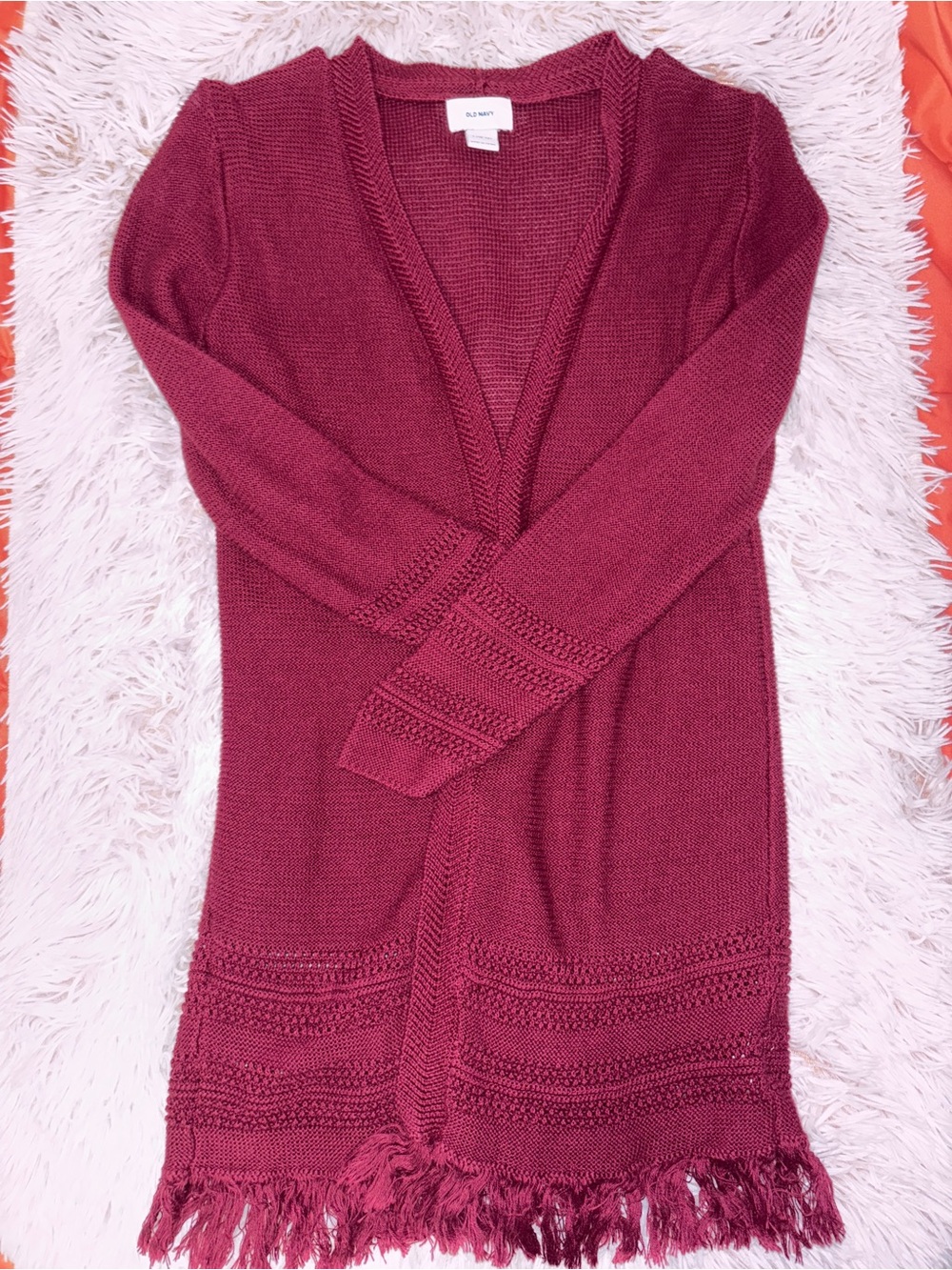 Old Navy Burgundy Open-Front Fringe Knit Cardigan